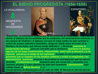 ESPARTERO

LA VICALVARADA

MANIFIESTO
DE
MANZANARES
O´DONELL

“Españoles: La entusiasta acogida que va encontrando en los pueblos el ejército
liberal; el esfuerzo de los soldados que le componen, tan heroicamente mostrado en
los campos de Vicálvaro; el aplauso con que en todas partes ha sido recibida la
noticia de nuestro patriótico alzamiento, aseguran desde ahora el triunfo de la
libertad y de las leyes, que hemos jurado defender.(…) Nosotros queremos la
conservación del trono, pero sin camarilla que lo deshonre; queremos la práctica
rigurosa de las leyes fundamentales, mejorándolas, sobre todo la electoral y la de
imprenta; queremos la rebaja de los impuestos, fundada en una estricta economía;
queremos que se respeten en los empleos militares y civiles la antigüedad y los
merecimientos; queremos arrancar a los pueblos la centralización que los devora,
dándoles la independencia local necesaria para que conserven y aumenten sus
intereses propios, y como garantía de todo esto queremos y plantearemos, bajo
sólidas bases, la Milicia Nacional.[…].”
Cuartel general de Manzanares a 6 de Julio de 1854. El General en jefe del ejército
constitucional, Leopoldo O'Donnell, Conde de Lucena

 