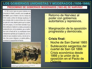 PREDOMINIO DE GOBIERNOS MODERADOS (1863-68) DE NARVÁEZ

• Retorno de Narváez al
poder con gobiernos
autoritarios y represivos.
• Marginación de la oposición
progresista y demócrata.
• Crisis final:
1. Noche de San Daniel 1865
2. Sublevación sargentos del
cuartel de San Gil 1866
3. Crisis económica desde
1866 y la unión de la
oposición en el Pacto de
Ostente.

 