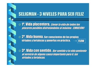 SELIGMAN - 3 NIVELES PARA SER FELIZ
= 1º. Vida placentera. Llenar la vida de todos los

placeres posibles disfrutándolos al máximo. (EMOCIÓN)
= 2º. Vida buena. Ser conscientes de las propias
virtudes y fortalezas y ponerlas en práctica.
FLOW
= 3º. Vida con sentido. Dar sentido a tu vida poniendo

al servicio de alguna causa importante para ti, tus
virtudes y fortalezas.

 