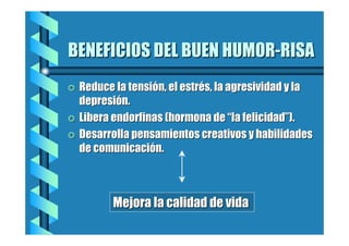 BENEFICIOS DEL BUEN HUMOR-RISA
=

=
=

Reduce la tensión, el estrés, la agresividad y la
depresión.
Libera endorfinas (hormona de “la felicidad”).
Desarrolla pensamientos creativos y habilidades
de comunicación.

Mejora la calidad de vida

 
