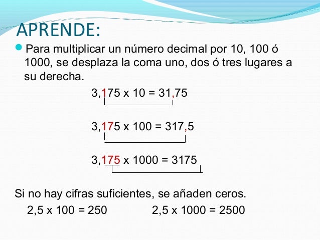 Resultado de imagen de multiplicacion de numeros decimales por 10 100 y 1000