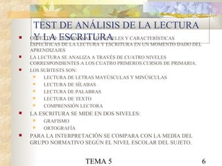 TEMA 5 6
TEST DE ANÁLISIS DE LA LECTURA
Y LA ESCRITURA OBJETIVO: DETERMINAR LOS NIVELES Y CARACTERÍSTICAS
ESPECÍFICAS DE LA LECTURA Y ESCRITURA EN UN MOMENTO DADO DEL
APRENDIZAJES
 LA LECTURA SE ANALIZA A TRAVÉS DE CUATRO NIVELES
CORRESPONDIENTES A LOS CUATRO PRIMEROS CURSOS DE PRIMARIA.
 LOS SUBTESTS SON:
 LECTURA DE LETRAS MAYÚSCULAS Y MINÚSCULAS
 LECTURA DE SÍLABAS
 LECTURA DE PALABRAS
 LECTURA DE TEXTO
 COMPRENSIÓN LECTORA
 LA ESCRITURA SE MIDE EN DOS NIVELES:
 GRAFISMO
 ORTOGRAFÍA
 PARA LA INTERPRETACIÓN SE COMPARA CON LA MEDIA DEL
GRUPO NORMATIVO SEGÚN EL NIVEL ESCOLAR DEL SUJETO.
 
