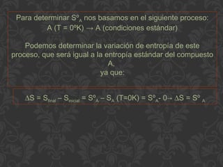 Para determinar SºA nos basamos en el siguiente proceso:
A (T = 0ºK) → A (condiciones estándar)
Podemos determinar la variación de entropía de este
proceso, que será igual a la entropía estándar del compuesto
A,
ya que:
∆S = Sfinal – Sinicial = SºA – SA (T=0K) = SºA- 0→ ∆S = Sº A
 