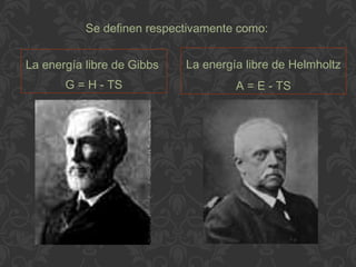 Se definen respectivamente como:
La energía libre de Gibbs
G = H - TS
La energía libre de Helmholtz
A = E - TS
 