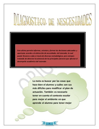 Este ultimo permite informar, orientar y formar las decisiones adecuados y 
oportunas acordes a la detección de necesidades del tutorado, la cual 
puede llevarse a cabo a través de diversas metodológicos pero siempre 
tratando de detectar la existencia de los principales factores que afectan el 
desempeño académico del tutorado . 
La meta es buscar por las cosas que 
hace bien el alumno y cuáles son sus 
más difíciles para modificar el plan de 
actuación. También es necesario 
tener en cuenta el contexto escolar 
para mejor el ambiente en que 
aprende el alumno para tener mejor 
integración. 
9 
 