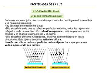 PROPIEDADES DE LA LUZ
2- LA LUZ SE REFLEJA
¿Por qué vemos los objetos?
Podemos ver los objetos que nos rodean porque la luz que llega a ellos se refleja
y va hasta nuestros ojos.
Hay dos tipos de reflexión de la luz:
●Si la superficie en la que se refleja es perfectamente lisa, todos los rayos salen
reflejados en la misma dirección: reflexión especular , esta se produce en los
espejos y en el agua totalmente lisa y en calma.
●Si la superficie presenta rugosidades, los rayos salen reflejados en todas
direcciones. Este tipo se denomina reflexión difusa.
La reflexión difusa de las superficies de los objetos hace que podamos
verlos, apreciando sus formas.
 
