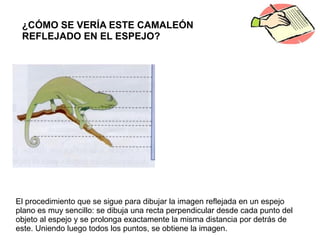 El procedimiento que se sigue para dibujar la imagen reflejada en un espejo
plano es muy sencillo: se dibuja una recta perpendicular desde cada punto del
objeto al espejo y se prolonga exactamente la misma distancia por detrás de
este. Uniendo luego todos los puntos, se obtiene la imagen.
¿CÓMO SE VERÍA ESTE CAMALEÓN
REFLEJADO EN EL ESPEJO?
 