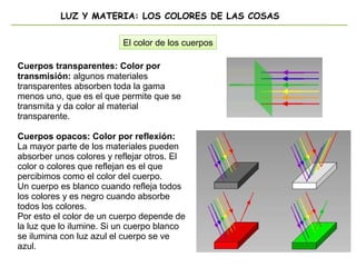 LUZ Y MATERIA: LOS COLORES DE LAS COSAS
El color de los cuerpos
Cuerpos transparentes: Color por
transmisión: algunos materiales
transparentes absorben toda la gama
menos uno, que es el que permite que se
transmita y da color al material
transparente.
Cuerpos opacos: Color por reflexión:
La mayor parte de los materiales pueden
absorber unos colores y reflejar otros. El
color o colores que reflejan es el que
percibimos como el color del cuerpo.
Un cuerpo es blanco cuando refleja todos
los colores y es negro cuando absorbe
todos los colores.
Por esto el color de un cuerpo depende de
la luz que lo ilumine. Si un cuerpo blanco
se ilumina con luz azul el cuerpo se ve
azul.
 