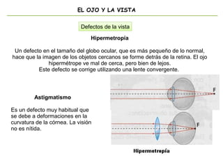 EL OJO Y LA VISTA
Hipermetropía
Un defecto en el tamaño del globo ocular, que es más pequeño de lo normal,
hace que la imagen de los objetos cercanos se forme detrás de la retina. El ojo
hipermétrope ve mal de cerca, pero bien de lejos.
Este defecto se corrige utilizando una lente convergente.
Defectos de la vista
Astigmatismo
Es un defecto muy habitual que
se debe a deformaciones en la
curvatura de la córnea. La visión
no es nítida.
 