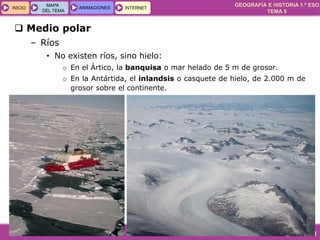 GEOGRAFÍA E HISTORIA 1.º ESO
TEMA 5
INICIOINICIO
MAPA
DEL TEMA
MAPA
DEL TEMA
ANIMACIONESANIMACIONES INTERNETINTERNET
 Medio polar
– Ríos
• No existen ríos, sino hielo:
o En el Ártico, la banquisa o mar helado de 5 m de grosor.
o En la Antártida, el inlandsis o casquete de hielo, de 2.000 m de
grosor sobre el continente.
 