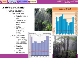 GEOGRAFÍA E HISTORIA 1.º ESO
TEMA 5
INICIOINICIO
MAPA
DEL TEMA
MAPA
DEL TEMA
ANIMACIONESANIMACIONES INTERNETINTERNET
 Medio ecuatorial
– Clima ecuatorial
• Temperaturas
o Elevadas todo el
año.
o Temperatura
media anual:
+25ºC.
o No hay
diferencias
entre día y
noche.
• Precipitaciones
o Abundantes
(+2000 mm) y
regulares (sin
estación seca).
o Elevada
humedad.
o Lluvias
torrenciales.
 