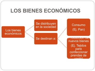 LOS BIENES ECONÓMICOS
Los bienes
económicos
Se distribuyen
en la sociedad
Se destinan a:
Consumo
(Ej. Pan)
Producción de
nuevos bienes
(Ej. Tejidos
para
confeccionar
prendas de
vestir)
 