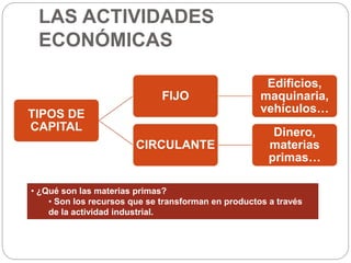 LAS ACTIVIDADES
ECONÓMICAS
TIPOS DE
CAPITAL
FIJO
Edificios,
maquinaria,
vehículos…
CIRCULANTE
Dinero,
materias
primas…
• ¿Qué son las materias primas?
• Son los recursos que se transforman en productos a través
de la actividad industrial.
 
