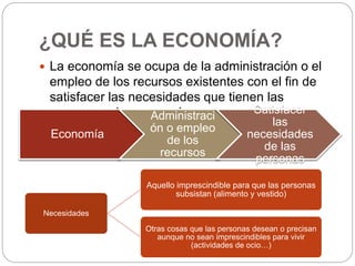 ¿QUÉ ES LA ECONOMÍA?
 La economía se ocupa de la administración o el
empleo de los recursos existentes con el fin de
sati...