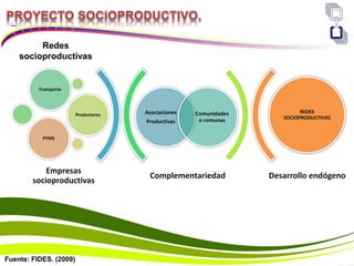 Redes
socioproductivas
Fuente: FIDES. (2009)
Complementariedad Desarrollo endógeno
Asociaciones
Productivas
Comunidades
o comunas
Transporte
Productores
PYME
REDES
SOCIOPRODUCTIVAS
Empresas
socioproductivas
 