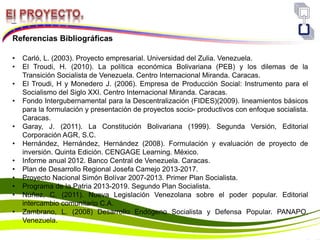 Referencias Bibliográficas
• Carló, L. (2003). Proyecto empresarial. Universidad del Zulia. Venezuela.
• El Troudi, H. (2010). La política económica Bolivariana (PEB) y los dilemas de la
Transición Socialista de Venezuela. Centro Internacional Miranda. Caracas.
• El Troudi, H y Monedero J. (2006). Empresa de Producción Social: Instrumento para el
Socialismo del Siglo XXI. Centro Internacional Miranda. Caracas.
• Fondo Intergubernamental para la Descentralización (FIDES)(2009). lineamientos básicos
para la formulación y presentación de proyectos socio- productivos con enfoque socialista.
Caracas.
• Garay, J. (2011). La Constitución Bolivariana (1999). Segunda Versión, Editorial
Corporación AGR, S.C.
• Hernández, Hernández, Hernández (2008). Formulación y evaluación de proyecto de
inversión. Quinta Edición. CENGAGE Learning. México.
• Informe anual 2012. Banco Central de Venezuela. Caracas.
• Plan de Desarrollo Regional Josefa Camejo 2013-2017.
• Proyecto Nacional Simón Bolívar 2007-2013. Primer Plan Socialista.
• Programa de la Patria 2013-2019. Segundo Plan Socialista.
• Núñez, C. (2011). Nueva Legislación Venezolana sobre el poder popular. Editorial
intercambio comunitario C.A.
• Zambrano, L. (2008) Desarrollo Endógeno Socialista y Defensa Popular. PANAPO.
Venezuela.
 