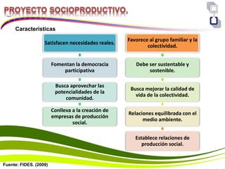 Características
Satisfacen necesidades reales.
Fomentan la democracia
participativa
Busca aprovechar las
potencialidades de la
comunidad.
Conlleva a la creación de
empresas de producción
social.
Favorece al grupo familiar y la
colectividad.
Debe ser sustentable y
sostenible.
Busca mejorar la calidad de
vida de la colectividad.
Relaciones equilibrada con el
medio ambiente.
Establece relaciones de
producción social.
Fuente: FIDES. (2009)
 