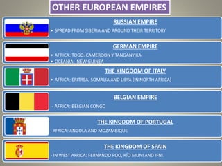 OTHER EUROPEAN EMPIRES
RUSSIAN EMPIRE
• SPREAD FROM SIBERIA AND AROUND THEIR TERRITORY
GERMAN EMPIRE
• AFRICA: TOGO, CAMEROON Y TANGANYIKA
• OCEANIA: NEW GUINEA
THE KINGDOM OF ITALY
• AFRICA: ERITREA, SOMALIA AND LIBYA (IN NORTH AFRICA)
BELGIAN EMPIRE
- AFRICA: BELGIAN CONGO
THE KINGDOM OF PORTUGAL
- AFRICA: ANGOLA AND MOZAMBIQUE
THE KINGDOM OF SPAIN
- IN WEST AFRICA: FERNANDO POO, RÍO MUNI AND IFNI.
 