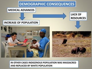 DEMOGRAPHIC CONSEQUENCES
MEDICAL ADVANCES
INCREASE OF POPULATION
LACK OF
RESOURCES
IN OTHER CASES INDIGENOUS POPULATION WAS MASSACRED
AND REPLACED BY WHITE POPULATION
 