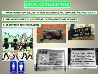 SOCIAL CONSEQUENCES
2.- THE INDIGENOUS POPULATION WAS LOCKED AND BECAME WORKERS
3.- IT APPEARED THE SEGREGATION.
1.- WHITE POPULATION WILL BE THE NEW BOURGEOISE AND ECONOMIC AND POLITIC ELITE
 