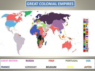 GREAT COLONIAL EMPIRES
GREAT BRITAIN RUSSIA ITALY PORTUGAL USA
FRANCE GERMANY BELGIUM SPAIN JAPÓN
 