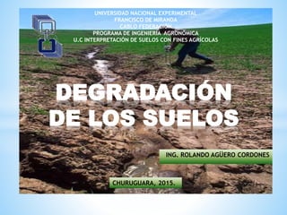 DEGRADACIÓN
DE LOS SUELOS
UNIVERSIDAD NACIONAL EXPERIMENTAL
FRANCISCO DE MIRANDA
CABLO FEDERACIÓN
PROGRAMA DE INGENIERÍA AGRONÓMICA
U.C INTERPRETACIÓN DE SUELOS CON FINES AGRÍCOLAS
ING. ROLANDO AGÜERO CORDONES
CHURUGUARA, 2015.
 
