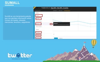 SUMALL
Una aventura en 140 caracteres
SumAll es una herramienta gratuita
que nos aportara información sobre:
número de tweets, retweets,
menciones, favoritos y seguidores
 