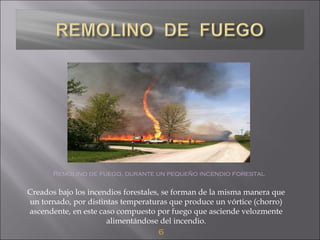 6
Remolino de fuego, durante un pequeño incendio forestal
Creados bajo los incendios forestales, se forman de la misma manera que
un tornado, por distintas temperaturas que produce un vórtice (chorro)
ascendente, en este caso compuesto por fuego que asciende velozmente
alimentándose del incendio.
 