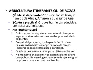 • AGRICULTURA ITINERANTE OU DE ROZAS:
– ¿Ónde se desenvolve? Nas rexións de bosque
húmido de África, Amazonia ou o sur de Asia.
– ¿Quén a practica? Grupos humanos reducidos,
con recursos limitados.
– ¿En qué consiste?
1. Cada ano cortan e queiman un sector do bosque e
logo sementan sobre as cinzas unha gran variedade
de plantas.
2. Despois dalgúns anos, o solo perde fertilidade e
déixase en barbeito un longo período de tempo
(mentras pode utilizarse para a gandería).
3. Cando xa descansou a terra pode utilizarse otra vez.
4. No momento en que o terreo xa non sexa fructífero
ou a poboación dese lugar creza, se teñe que emigrar
na procura de novas terras cultivables.
 