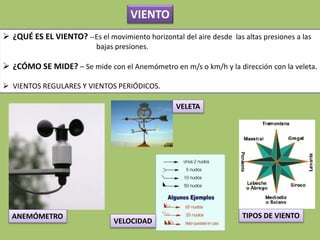  ¿QUÉ ES EL VIENTO? --Es el movimiento horizontal del aire desde las altas presiones a las
bajas presiones.
 ¿CÓMO SE MIDE? – Se mide con el Anemómetro en m/s o km/h y la dirección con la veleta.
 VIENTOS REGULARES Y VIENTOS PERIÓDICOS.
VIENTO
ANEMÓMETRO
VELETA
VELOCIDAD
TIPOS DE VIENTO
 