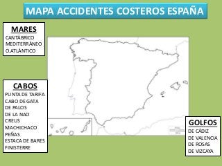 MAPA ACCIDENTES COSTEROS ESPAÑA
MARES
CANTÁBRICO
MEDITERRÁNEO
O.ATLÁNTICO
CABOS
PUNTA DE TARIFA
CABO DE GATA
DE PALOS
DE LA NAO
CREUS
MACHICHACO
PEÑAS
ESTACA DE BARES
FINISTERRE
GOLFOS
DE CÁDIZ
DE VALENCIA
DE ROSAS
DE VIZCAYA
 