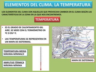 ELEMENTOS DEL CLIMA. LA TEMPERATURA
LOS ELEMENTOS DEL CLIMA SON AQUELLOS QUE PROVOCAN CAMBIOS EN EL CLIMA SEGÚN LAS
CARACTERÍSTICAS DE LA ZONA EN LA QUE NOS ENCONTREMOS.
TEMPERATURA
• ES EL GRADO DE CALENTAMIENTO DEL
AIRE. SE MIDE CON EL TERMÓMETRO EN
ºC O EN º F.
• LAS TEMPERATURAS SE REPRESENTAN EN
UN MAPA DE ISOTERMAS.
TEMPERATURA MEDIA
MÁXIMA-MÍNIMA/2
AMPLITUD TÉRMICA
MÁXIMA-MÍNIMA
MAPA DE ISOTERMAS
 