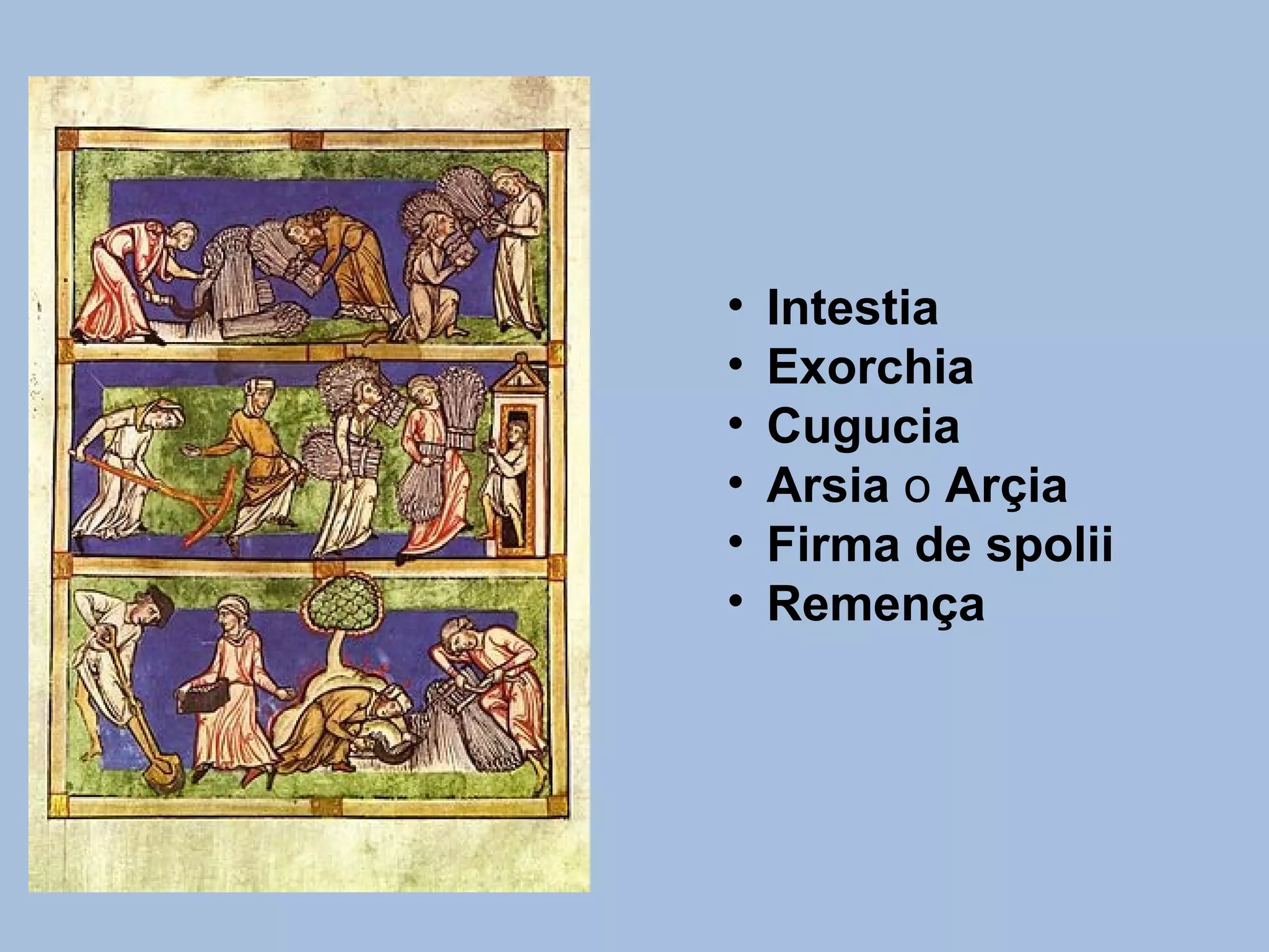 • Intestia
• Exorchia
• Cugucia
• Arsia o Arçia
• Firma de spolii
• Remença
 