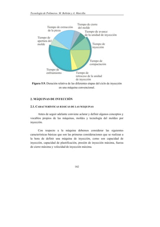 Tecnología de Polímeros. M. Beltrán y A. Marcilla
182
Figura 5.9. Duración relativa de las diferentes etapas del ciclo de inyección
en una máquina convencional.
2. MÁQUINAS DE INYECCIÓN
2.1. CARACTERÍSTICAS BÁSICAS DE LAS MÁQUINAS
Antes de seguir adelante conviene aclarar y definir algunos conceptos y
vocablos propios de las máquinas, moldes y tecnología del moldeo por
inyección.
Con respecto a la máquina debemos considerar las siguientes
características básicas que son las primeras consideraciones que se realizan a
la hora de definir una máquina de inyección, como son capacidad de
inyección, capacidad de plastificación, presión de inyección máxima, fuerza
de cierre máxima y velocidad de inyección máxima.
 