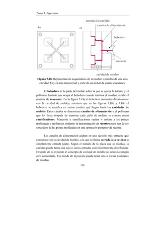 Tema 5. Inyección
199
Figura 5.18. Representación esquemática de un molde: a) molde de una sola
cavidad; b) y c) área transversal y corte de un molde de cuatro cavidades.
El bebedero es la parte del molde sobre la que se apoya la tobera, y el
polímero fundido que ocupa el bebedero cuando termina el moldeo, recibe el
nombre de mazarote. En la figura 5.18a el bebedero comunica directamente
con la cavidad de moldeo, mientras que en las figuras 5.18b y 5.18c el
bebedero se ramifica en varios canales que llegan hasta las cavidades de
moldeo. Estos canales se denominan canales de alimentación y el polímero
que los llena después de terminar cada ciclo de moldeo se conoce como
ramificaciones. Mazarote y ramificaciones suelen ir unidos a las piezas
moldeadas y reciben en conjunto la denominación de recortes pues han de ser
separados de las piezas moldeadas en una operación posterior de recorte.
Los canales de alimentación acaban en una sección más estrecha que
comunica con la cavidad de moldeo, a la que se llama entrada a la cavidad o
simplemente entrada (gate). Según el tamaño de la pieza que se moldea, la
cavidad puede tener una sola o varias entradas convenientemente distribuidas.
Después de lo expuesto el concepto de cavidad de moldeo no necesita ningún
otro comentario. Un molde de inyección puede tener una o varias cavidades
de moldeo.
 