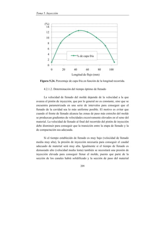 Tema 5. Inyección
209
Figura 5.24. Porcentaje de capa fría en función de la longitud recorrida.
4.2.1.2. Determinación del tiempo óptimo de llenado
La velocidad de llenado del molde depende de la velocidad a la que
avanza el pistón de inyección, que por lo general no es constante, sino que se
encuentra parametrizada en una serie de intervalos para conseguir que el
llenado de la cavidad sea lo más uniforme posible. El motivo es evitar que
cuando el frente de llenado alcanza las zonas de paso más estrecho del molde
se produzcan gradientes de velocidades excesivamente elevados en el seno del
material. La velocidad de llenado al final del recorrido del pistón de inyección
debe disminuir para conseguir que la transición entre la etapa de llenado y la
de compactación sea adecuada.
Si el tiempo establecido de llenado es muy bajo (velocidad de llenado
media muy alta), la presión de inyección necesaria para conseguir el caudal
adecuado de material será muy alta. Igualmente si el tiempo de llenado es
demasiado alto (velocidad media lenta) también se necesitará una presión de
inyección elevada para conseguir llenar el molde, puesto que parte de la
sección de los canales habrá solidificado y la sección de paso del material
0
2
4
6
8
10
12
14
0 20 40 60 80 100
% de capa fría
Longitud de flujo (mm)
(%)
 
