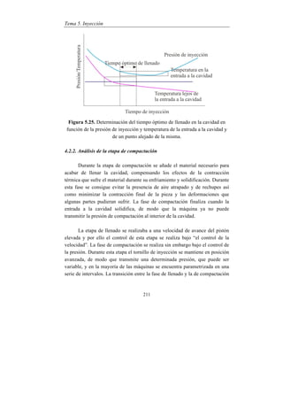 Tema 5. Inyección
211
Figura 5.25. Determinación del tiempo óptimo de llenado en la cavidad en
función de la presión de inyección y temperatura de la entrada a la cavidad y
de un punto alejado de la misma.
4.2.2. Análisis de la etapa de compactación
Durante la etapa de compactación se añade el material necesario para
acabar de llenar la cavidad, compensando los efectos de la contracción
térmica que sufre el material durante su enfriamiento y solidificación. Durante
esta fase se consigue evitar la presencia de aire atrapado y de rechupes así
como minimizar la contracción final de la pieza y las deformaciones que
algunas partes pudieran sufrir. La fase de compactación finaliza cuando la
entrada a la cavidad solidifica, de modo que la máquina ya no puede
transmitir la presión de compactación al interior de la cavidad.
La etapa de llenado se realizaba a una velocidad de avance del pistón
elevada y por ello el control de esta etapa se realiza bajo “el control de la
velocidad”. La fase de compactación se realiza sin embargo bajo el control de
la presión. Durante esta etapa el tornillo de inyección se mantiene en posición
avanzada, de modo que transmite una determinada presión, que puede ser
variable, y en la mayoría de las máquinas se encuentra parametrizada en una
serie de intervalos. La transición entre la fase de llenado y la de compactación
 