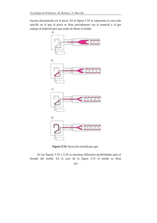 Tecnología de Polímeros. M. Beltrán y A. Marcilla
228
inyecta directamente en la pieza. En la figura 5.34 se representa el caso más
sencillo en el que la pieza se llena parcialmente con el material y el gas
empuja al material para que acabe de llenar el molde.
Figura 5.34. Inyección asistida por gas.
En las figuras 5.35 y 5.36 se muestran diferentes posibilidades para el
llenado del molde. En el caso de la figura 5.35 el molde se llena
 