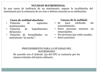 NULIDAD MATRIMONIAL
Es una causa de ineficacia de un matrimonio, supone la invalidación del
matrimonio por la existencia de un vicio o defecto esencial en su celebración.
Casos de nulidad absoluta:
• Violación de supuestos
matrimoniales
• Violación de impedimentos
dirimentes
• Violación de formalidades en
matrimonio “in mortis”:
Causas de la nulidad:
• Se haya celebrado sin
consentimiento.
• Entre personas menores no
emancipadas.
• Por personas que están casadas.
• Entre parientes.
PROCEDIMIENTO PARA LA NULIDAD DEL
MATRIMONIO
De acuerdo con el Artículo 752 del CPC se sustancia por los
mismos trámites del juicio ordinario.
 