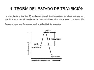 4. TEORÍA DEL ESTADO DE TRANSICIÓN
La energía de activación, Ea
, es la energía adicional que debe ser absorbida por los
reactivos en su estado fundamental para permitirles alcanzar el estado de transición.
Cuanto mayor sea Ea, menor será la velocidad de reacción.
 