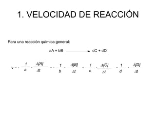 1. VELOCIDAD DE REACCIÓN
Para una reacción química general:
aA + bB cC + dD
v = - · = - · = · = ·
D[A] D[B]
Dt Dt
D[C]
Dt
D[D]
Dt
1 1 1 1
b c da
 