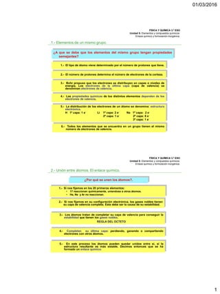 01/03/2016
1
FÍSICA Y QUÍMICA 3.º ESO
Unidad 5: Elementos y compuestos químicos:
Enlace químico y formulación inorgánica.
1.- Elementos de un mismo grupo.
¿A que se debe que los elementos del mismo grupo tengan propiedades
semejantes?
1.- El tipo de átomo viene determinado por el número de protones que tiene.
2.- El número de protones determina el número de electrones de la corteza.
3.- Bohr propuso que los electrones se distribuyen en capas o niveles de
energía. Los electrones de la última capa (capa de valencia) se
denominan electrones de valencia.
4.- Las propiedades químicas de los distintos elementos dependen de los
electrones de valencia.
5.- La distribución de los electrones de un átomo se denomina: estructura
electrónica.
H 1º capa: 1 e- Li 1º capa: 2 e- Na 1º capa: 2 e-
2º capa: 1 e- 2º capa: 8 e-
3º capa: 1 e-
6.- Todos los elementos que se encuentra en un grupo tienen el mismo
número de electrones de valencia.
FÍSICA Y QUÍMICA 3.º ESO
Unidad 5: Elementos y compuestos químicos:
Enlace químico y formulación inorgánica.
2.- Unión entre átomos. El enlace químico.
¿Por qué se unen los átomos?.
1.- Si nos fijamos en los 20 primeros elementos:
• 17 reaccionan químicamente, uniendose a otros átomos.
• He, Ne y Ar no reaccionan.
2.- Si nos fijamos en su configuración electrónica, los gases nobles tienen
su capa de valencia completa. Esta debe ser la causa de su estabilidad.
3.- Los átomos tratan de completar su capa de valencia para conseguir la
estabilidad que tienen los gases nobles.
REGLA DEL OCTETO
4.- Completan su última capa: perdiendo, ganando o compartiendo
electrones con otros átomos.
5.- En este proceso los átomos pueden quedar unidos entre sí, si la
estructura resultante es más estable. Decimos entonces que se ha
formado un enlace químico.
 