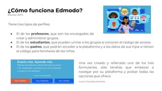 ¿Cómo funciona Edmodo?
(Muñoz, 2017)
● El de los estudiantes, que pueden unirse a los grupos si conocen el código de acceso.
● El de los padres, que podrán acceder a la plataforma y a los datos de sus hijos si tienen
el código para familiares de los niños.
Una vez creado y rellenado uno de los tres
formularios, sólo tendrás que empezar a
navegar por su plataforma y probar todas las
opciones que ofrece.
Tiene tres tipos de perfiles:
● El de los profesores, que son los encargados de
crear y administrar grupos.
Fuente: https://bit.ly/2PsPX54
 