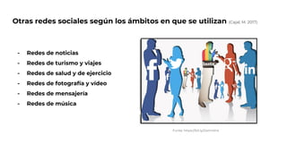 Otras redes sociales según los ámbitos en que se utilizan (Cajal, M. 2017)
- Redes de noticias
- Redes de turismo y viajes
- Redes de salud y de ejercicio
- Redes de fotografía y vídeo
- Redes de mensajería
- Redes de música
Funte: https://bit.ly/2wmi4h4
 