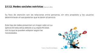 2.1.1.2. Redes sociales estrictas (García, M. 2014)
Su foco de atención son las relaciones entre personas, sin otro propósito y los usuarios
determinarán el uso posterior que le darán al servicio.
Este tipo de redes presentan un mayor valor en su
aplicación educativa debido a su especificidad,
con lo que se pueden adaptar según las
necesidades.
Fuente: https://bit.ly/2A8giAg
 