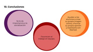 10. Conclusiones
Se le da
importancia a la
socialización
Ayudan a los
alumnos a crear
su propia imagen
online, a formar
su propia opinión
y expresarla con
libertad.
Favorecen el
trabajo en equipo.
 