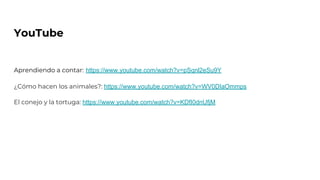 YouTube
Aprendiendo a contar: https://www.youtube.com/watch?v=pSqnl2eSu9Y
¿Cómo hacen los animales?: https://www.youtube.com/watch?v=WV0DIaOmmps
El conejo y la tortuga: https://www.youtube.com/watch?v=KDfI0dnUfjM
 