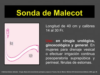 1. Martínez Dubois, Salvador. Cirugía. Bases del conocimiento quirúrgico y apoyo en Trauma. 5ta ed. México: McGraw-Hill Interamericana Editores; 2005. pgs. 80.
Longitud de 40 cm y calibres
14 al 30 Fr.
Uso: en cirugía urológica,
gincecológica y general. En
mujeres para drenaje vesical
o efectuar irrigación continua
posoperatoria suprapúbica y
perineal, férulas de estomas.
 
