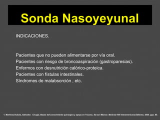 1. Martínez Dubois, Salvador. Cirugía. Bases del conocimiento quirúrgico y apoyo en Trauma. 5ta ed. México: McGraw-Hill Interamericana Editores; 2005. pgs. 80.
INDICACIONES.
Pacientes que no pueden alimentarse por vía oral.
Pacientes con riesgo de broncoaspiración (gastroparesias).
Enfermos con desnutrición calórico-proteica.
Pacientes con fístulas intestinales.
Síndromes de malabsorción , etc.
 