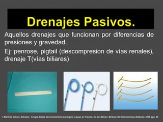 1. Martínez Dubois, Salvador. Cirugía. Bases del conocimiento quirúrgico y apoyo en Trauma. 5ta ed. México: McGraw-Hill Interamericana Editores; 2005. pgs. 80.
Aquellos drenajes que funcionan por diferencias de
presiones y gravedad.
Ej: penrose, pigtail (descompresion de vías renales),
drenaje T(vías biliares)
 